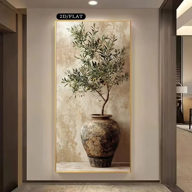 1pc (No frame),1pc Large Modern Olive Tree in Rustic Vase Frameless Canvas Painting/Extra Wide Wall Art Suitable for Living Room
