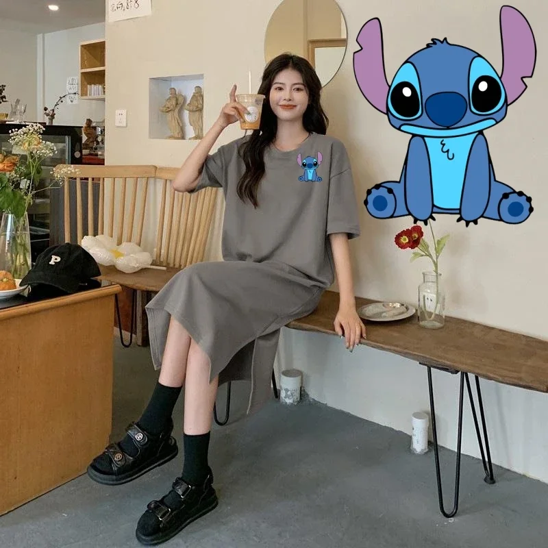 Miniso Stitch T-shirt Skirt Lilo & Stitch 40-90kg Loose Fat Large Size Girl Women Lone Style Greycolour Short Sleeved Soft Dress