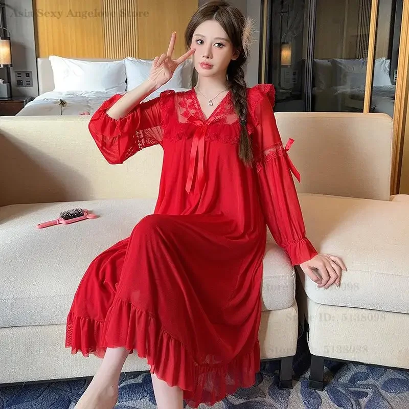 Long Sleeved Mesh Princess Nightdress Spring Summer V-Neck Lace Nightgown Loose Casual Home Dress Palace Style Sweet Sleepwear 3