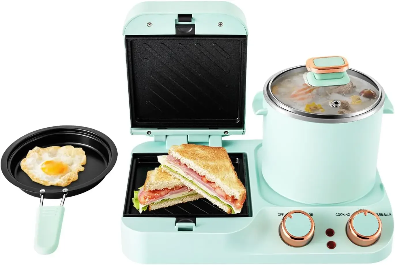 

Breakfast Sandwich Maker, 3 in 1 Breakfast Station with Soup Pot and Frying Pan, Breakfast Maker for Hot Dog Bun soup pasta, Hot