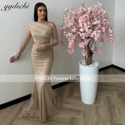 Luxury Gold Glitter Sequins Beading Mermaid Prom Gowns 2023 Saudi Arabia One Shoulder Long Sleeves Bodycon Women Evening Dresses