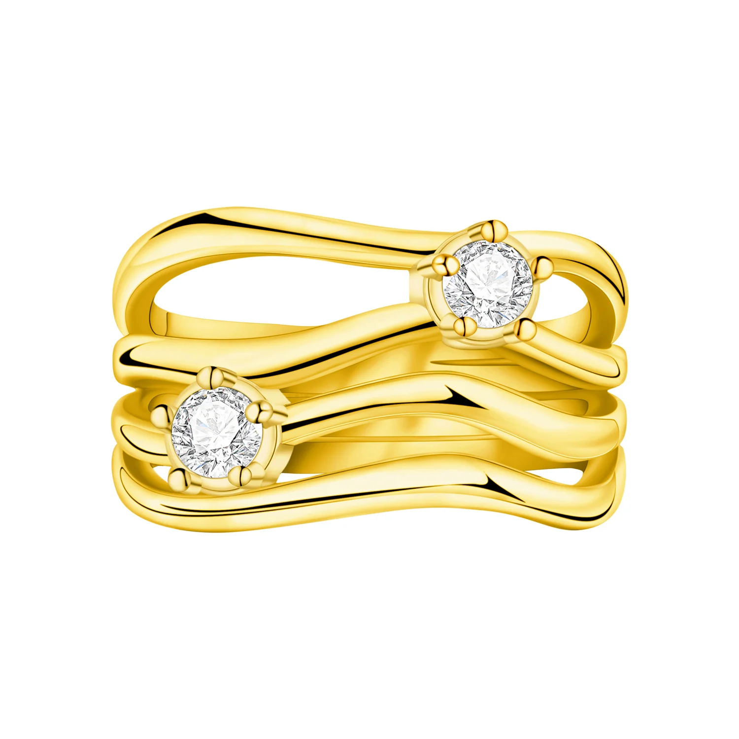PANPOKI S925 Sterling Silber Goldener Ring mit Wasserwellen-Muster für Damen, Original Fingerring, Schmuck, Party, Feine Trendige Geschenke