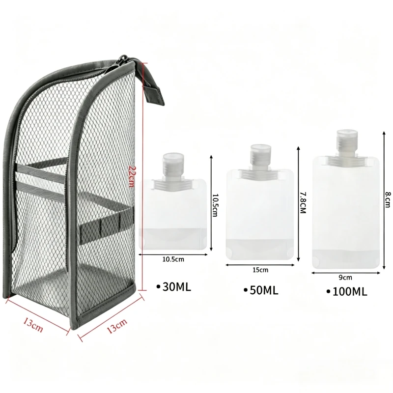 Tragbare, aufrechte Kosmetiktasche aus Netzstoff mit mehreren Fächern, wasserdicht, ideal als Reise-Kosmetik-Organizer für Damen, mit 3 zusätzlichen Beuteln für das Badezimmer. – Detail 1