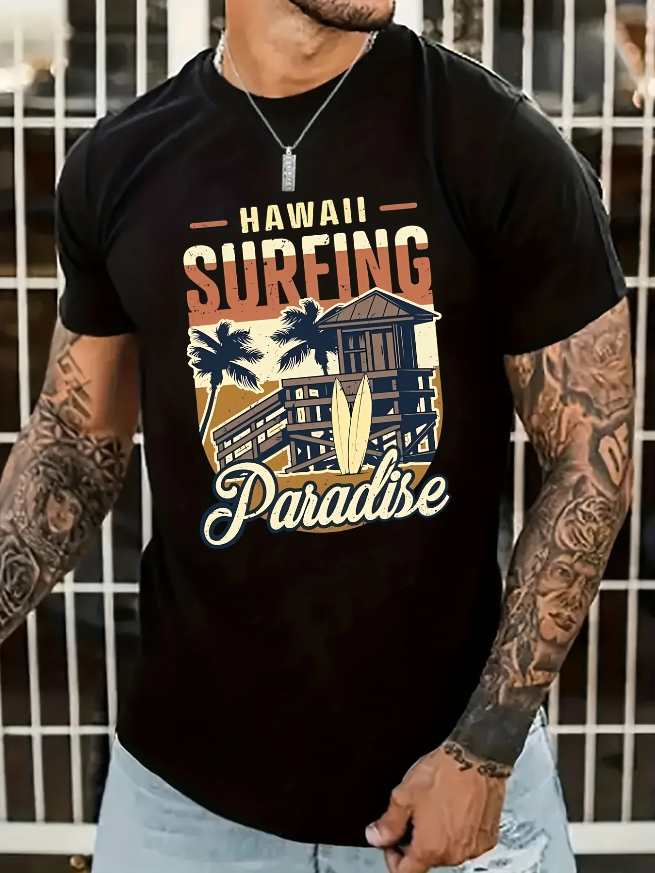 

Hawaii Surfing Paradise Print T-shirt Men's Casual Street Style Stretch Round Neck Tee Shirt For Summer