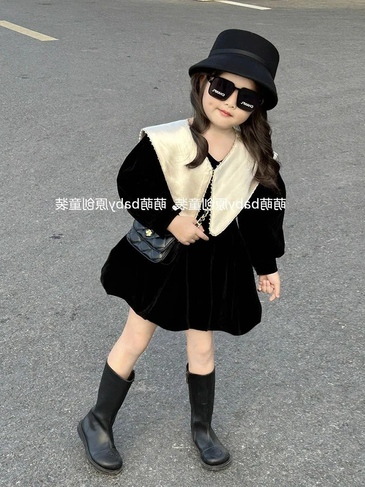 Dress Casual Dresses Korea Childrens clothing Girls velvet Flower bud skirt children Shawl collar Plush sweet simple