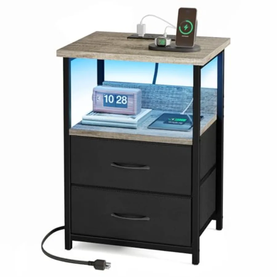 

Прикроватная тумбочка с зарядной станцией, LED-подсветкой, USB-портами и розетками, 2 тканевыми ящиками для хранения с отделкой из ПУ, для размещения у кровати