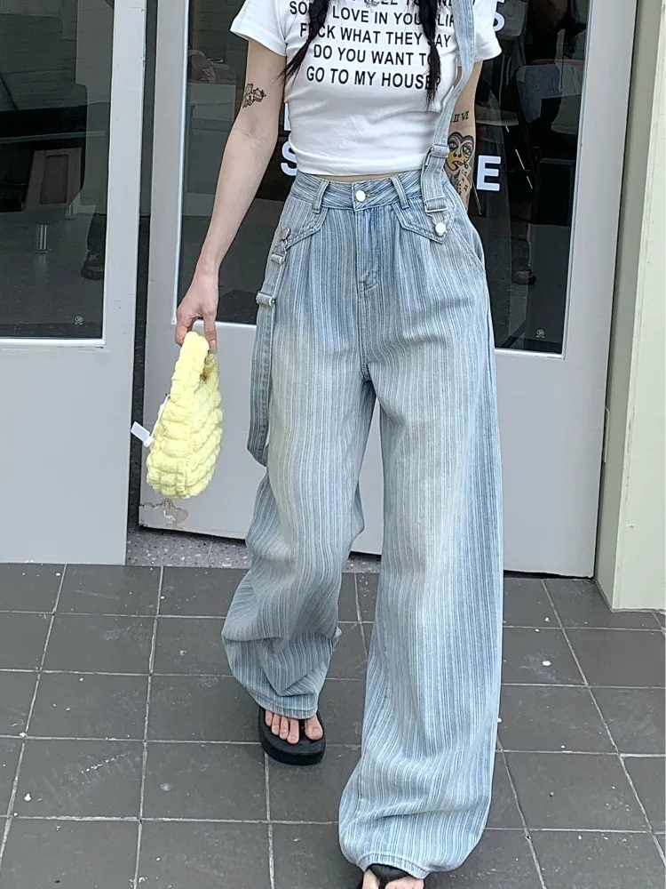 

Early Autumn Texture Vertical Stripes High Waist Straight Jeans Women Loose Denim Trousers Female Light Blue