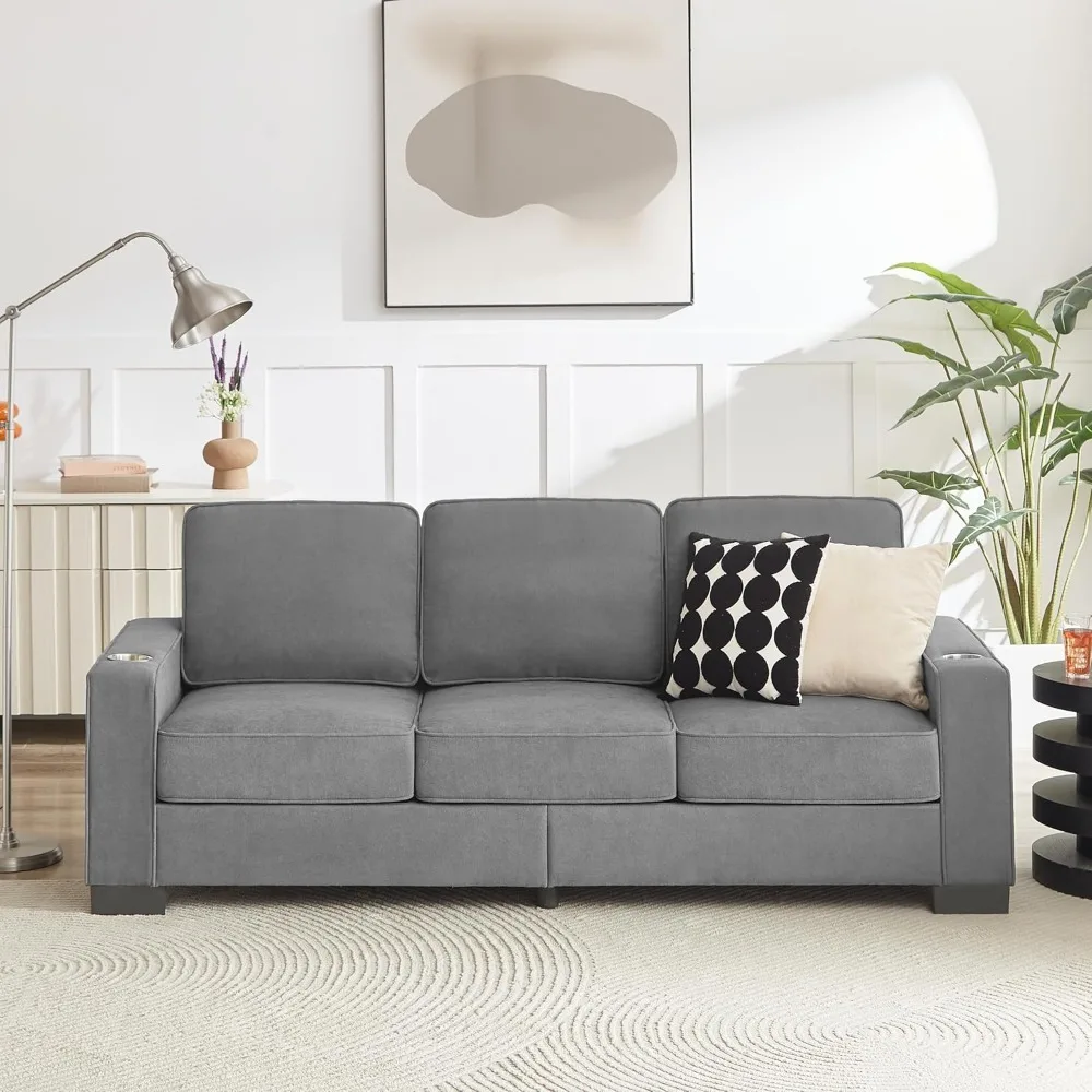 

83.86” Modern 3-Seater Sofa Couch, Upholstered Snowfleece Fabric Couches Comfy Sofas with 2 Cup Holders for Living Room