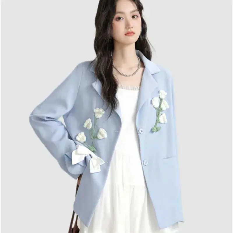 韓国女性用長袖ブレザージャケット 秋 レディース 無地 アウター 2025 ファム レジャー 立体フラワー スーツコート
