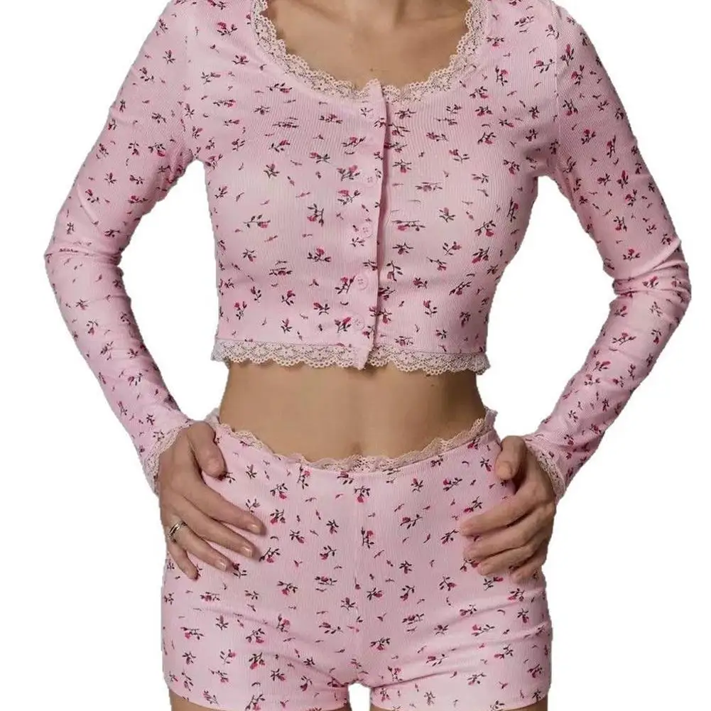 

Women Two-Pieces Pajamas Set Pink Floral Lace Patchwork Sleepwear Long Sleeves And Slim Cute Shorts Loungewear