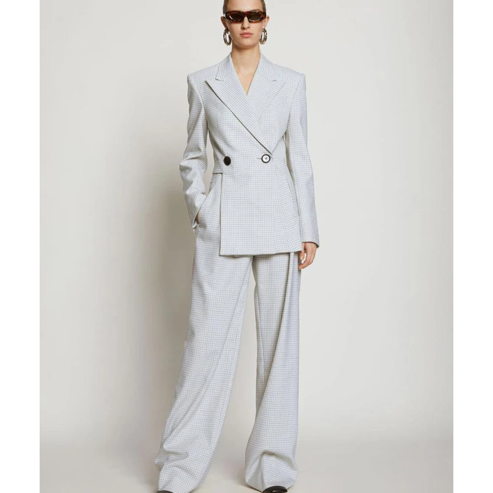 2025 Houndstooth Light Gray White Women Blazer 2 Piece Jacket Pants Set Double-Breasted Peak Lapel Office Formal Buiness Suit