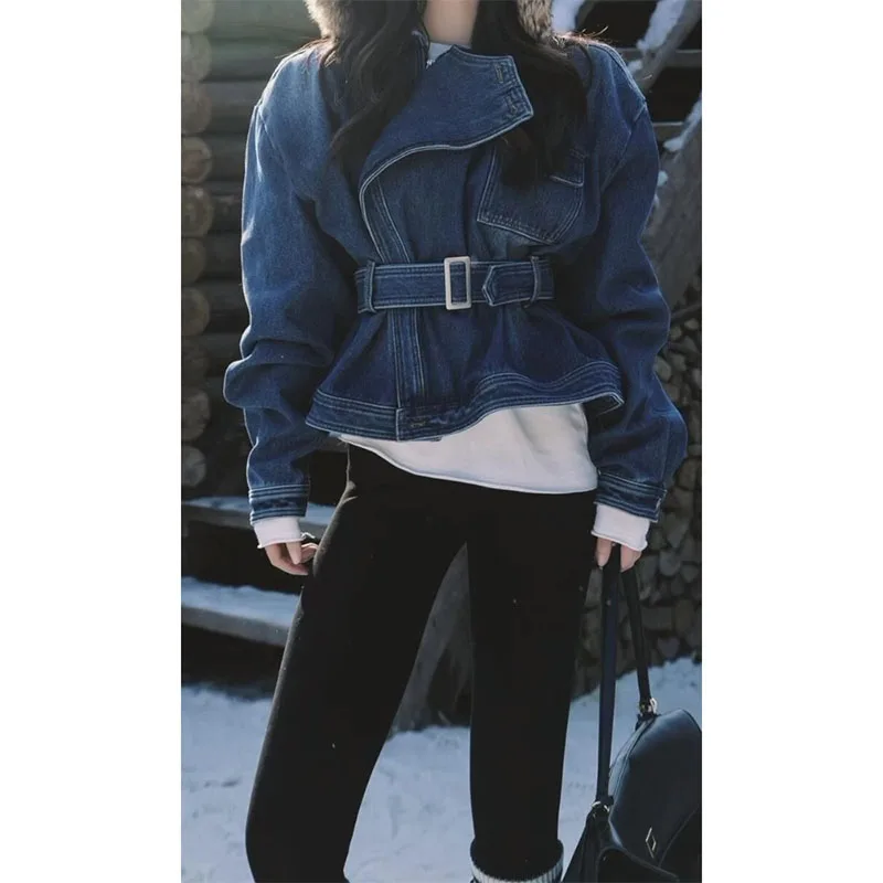 

Denim Coat Tight Fitted Womens Summer Multi-Pocket Amekaji Hollowed Out Lace-Up Openwork Matching Three-Quarter Breathable Daily