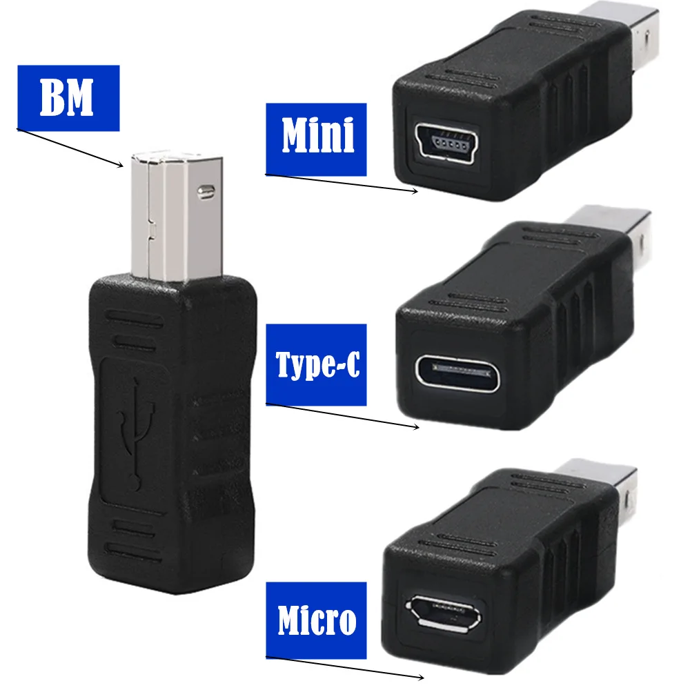 

USB 2.0 B Male to USB Type C Female / Micro 5 PIN Female / Mini 5P Female Data Sync Adapter Converter for Printer Scanner Fax
