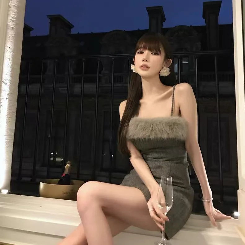 LEOSOXS 여성용 스파게티 스트랩 미니 드레스, 퍼리 칼라 디테일, 2025년 생일 행사 및 패션 모임에 완벽