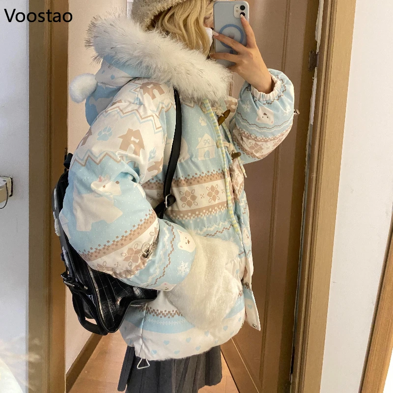 الخريف الشتاء Kawaii لوليتا نمط سترات المرأة الحلو لطيف الكرتون جرو طباعة وسادة مبطنة الفتيات الكورية الدافئة فضفاض معطف مقنع #4