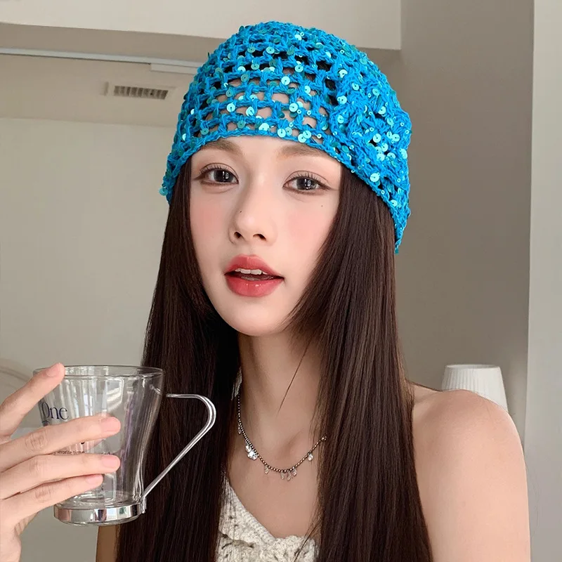 Vintage Sequins Flower Braided Baotou Hat Women Spring and Autumn Breathable Hollow Knit Pulverized Head Hat