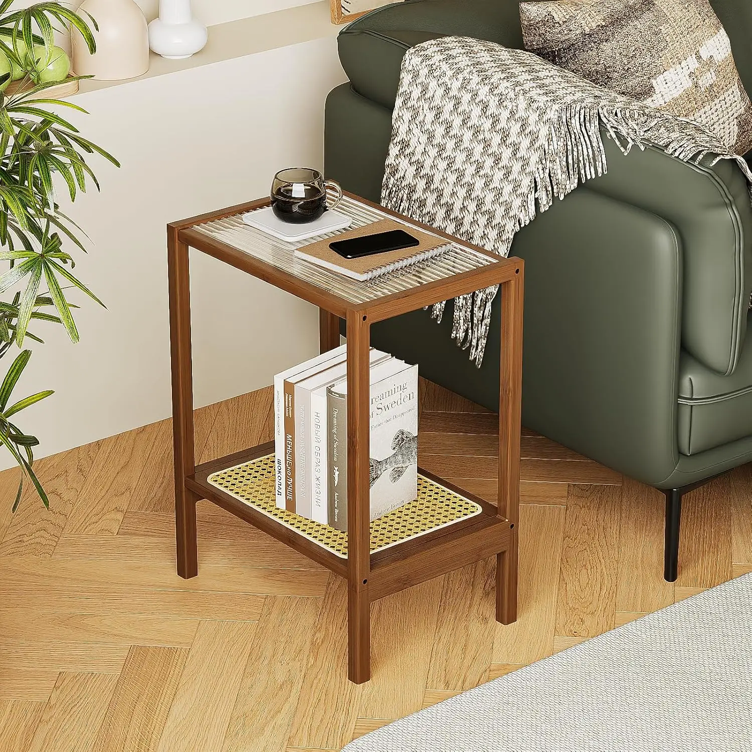 

Rattan Side Table Living Room Glasstop Night Stand Boho End Table 2-Tier with Storage Mid Century Modern Bedside Table for Sm