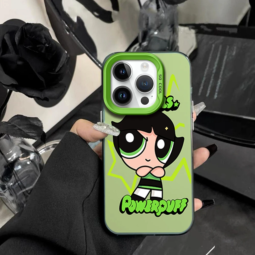 Cartoon The P-Powerpuff Girls Phone Case For iPhone 16 12 13 14 15 Pro Max Plus Electroplated Silver IMD Laser Color Shell