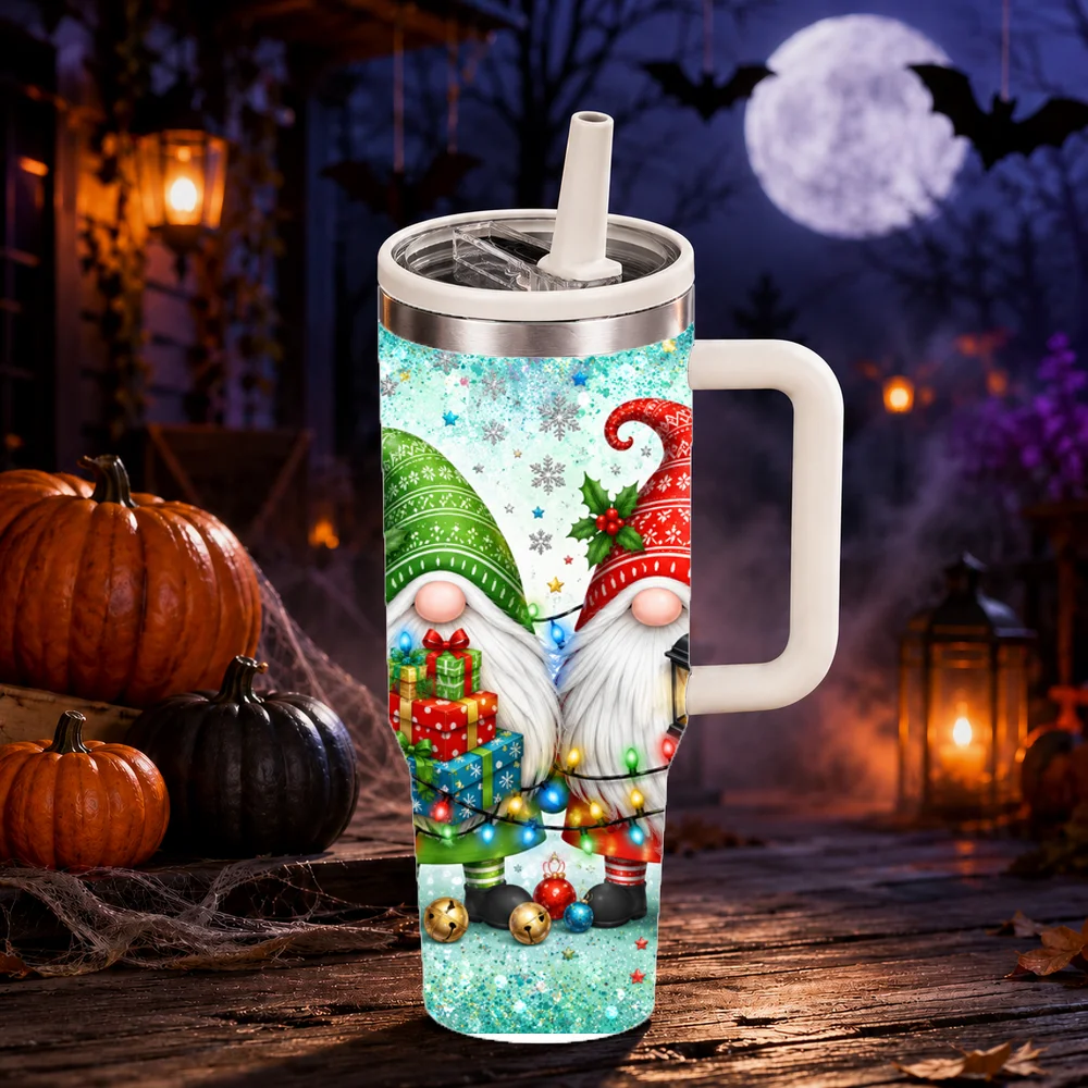 Christmas Gnome Light Strings Vacuum Flasks 40oz Large Capacity Stainless Steel Tumbler with Handle Straw Lid Insulated Mug Cup