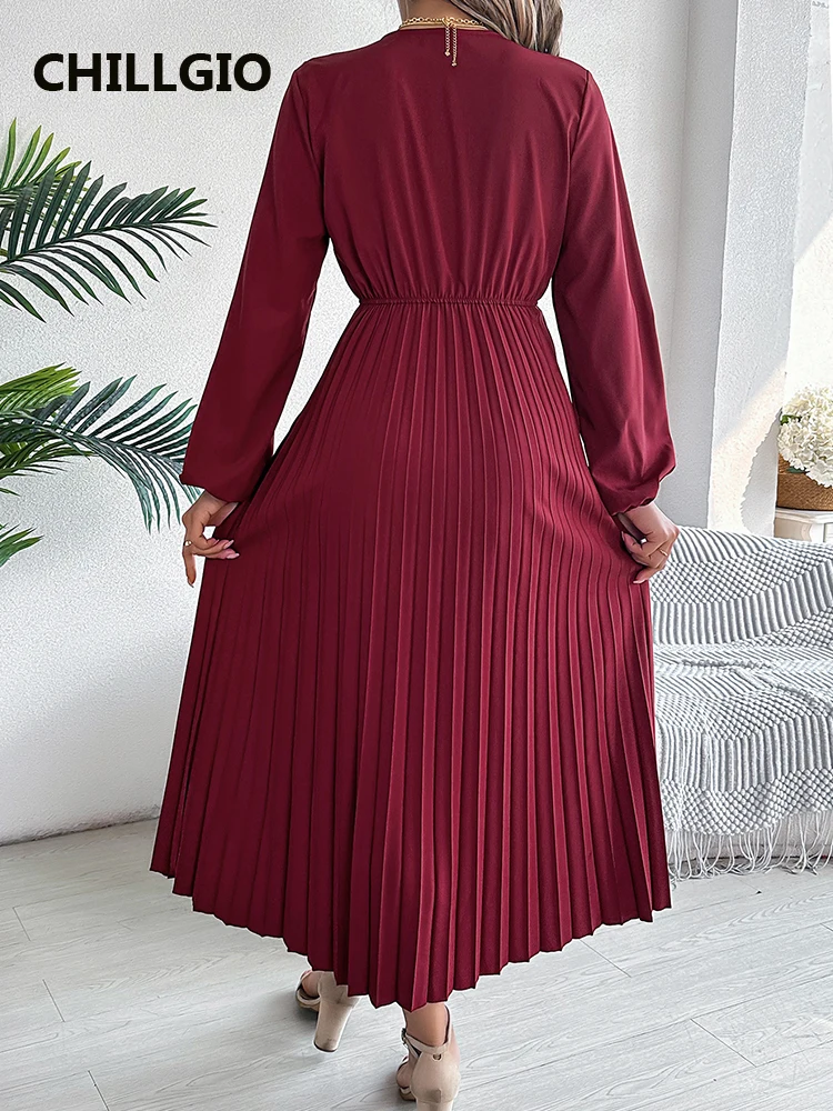 CHILLGIO Women Elegant Solid Long Dress Fashion Autumn Winter Long Sleeve V-Neck A Line Dresses Casual Office Slim Pleated Dress