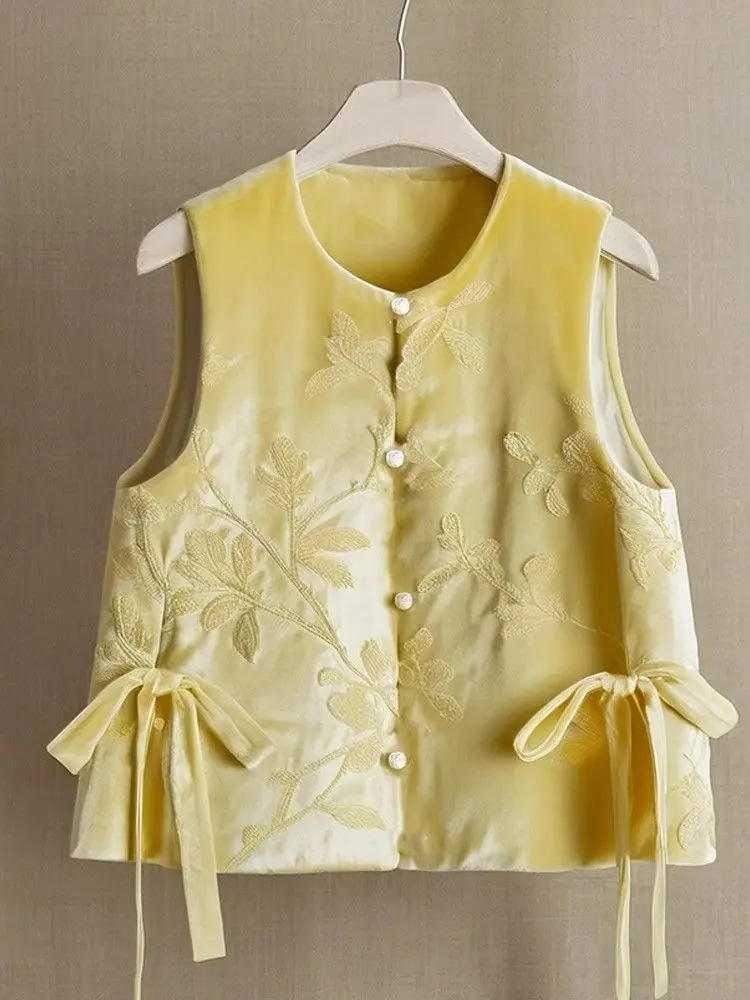 الأزهار المطرزة المخملية سترة المرأة الرجعية الصينية خمر العرقية نمط بلوزات بلا اكمام المتضخم