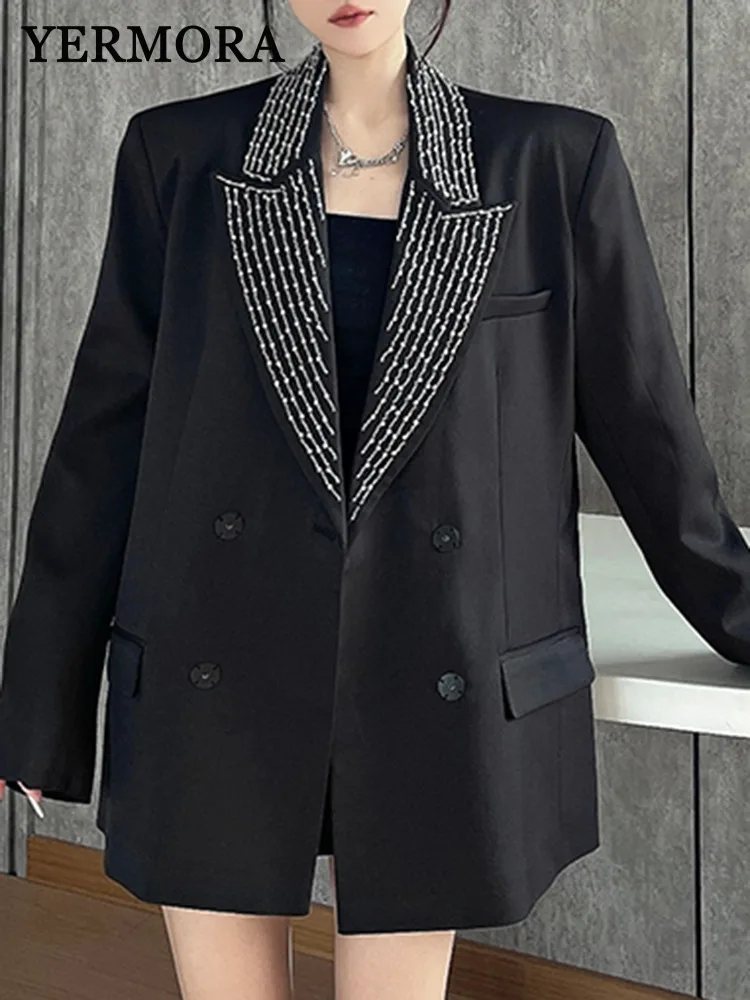 

YERMORA черный повседневный пиджак с вышивкой и пряжкой для женщин, свободная новая куртка с лацканами и длинными рукавами, модная весна-осень 2025