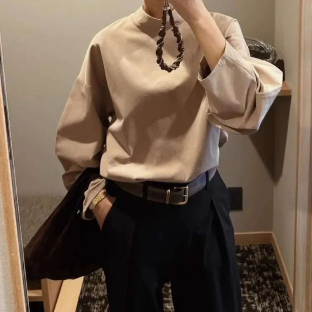 French Style Retro Fashion Stand Collar Blouse Women Loose Casual Solid Simple Long Sleeve Shirts 2024 Autumn New All-match Top