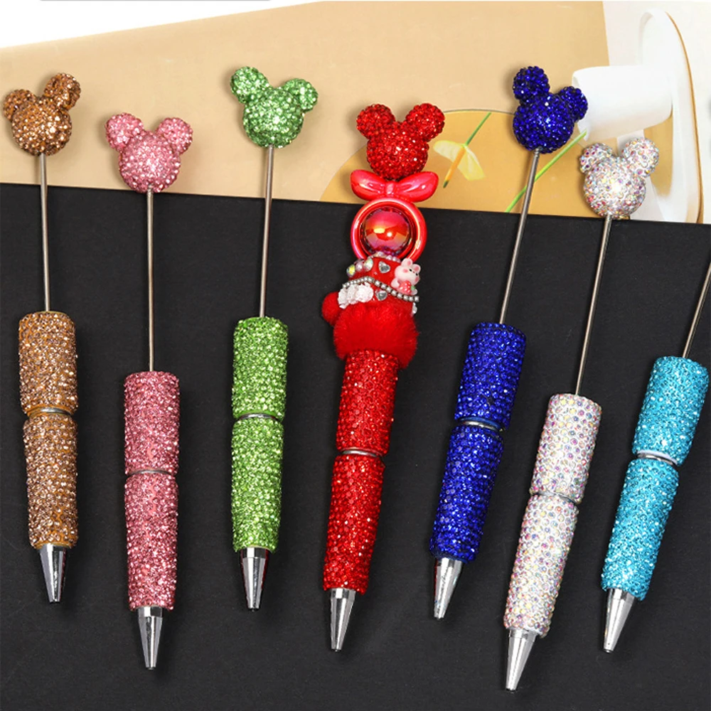 7 قطع من أقلام حبر جاف كاملة من حجر الراين DIY - قطعة علوية برأس ميكي، قلم خرز عملي للمدرسة والمكتب والهدايا