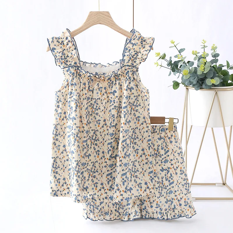 Summer New Women\'s Sleepwear Thin Sleeveless Short Homewear Clothes Cotton Gauze 2 Piece Set Floral Print Home Wear