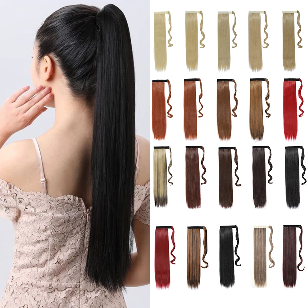 

Straight Long Ponytail Synthetic Extensions 24&18 Inches Wrap Around Hair Piece Magic Paste Ponytail Extensions for Women Girls