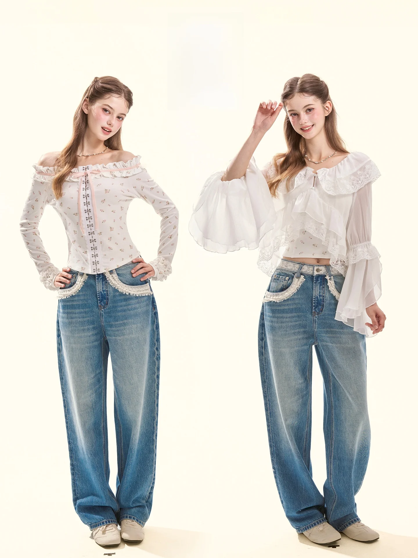 GirlyFancyClub Soft Comfortable Ruffle Patchwork Vintage Washed Blue Denim Jeans Women's Contain Lyocell Fiber Casual Low Wai...