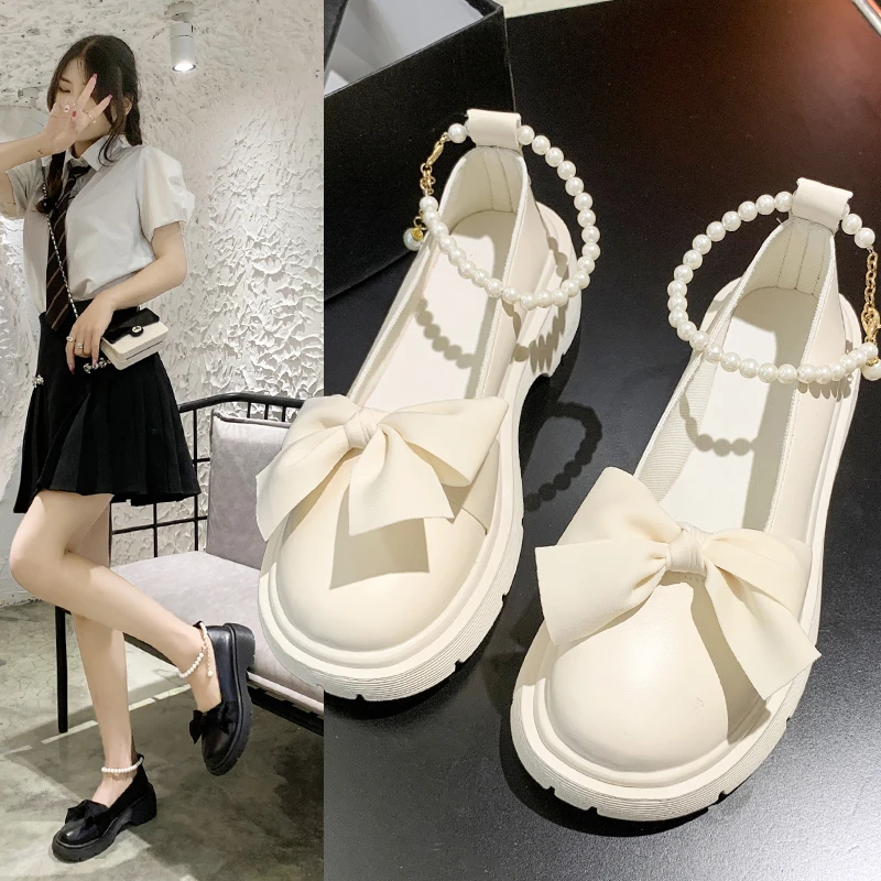 Women's Thick Sole Mary Jane Shoes Party High Heels 2024 Fall New Shoes Bow Chain Women's Shoes Fashion Oxford