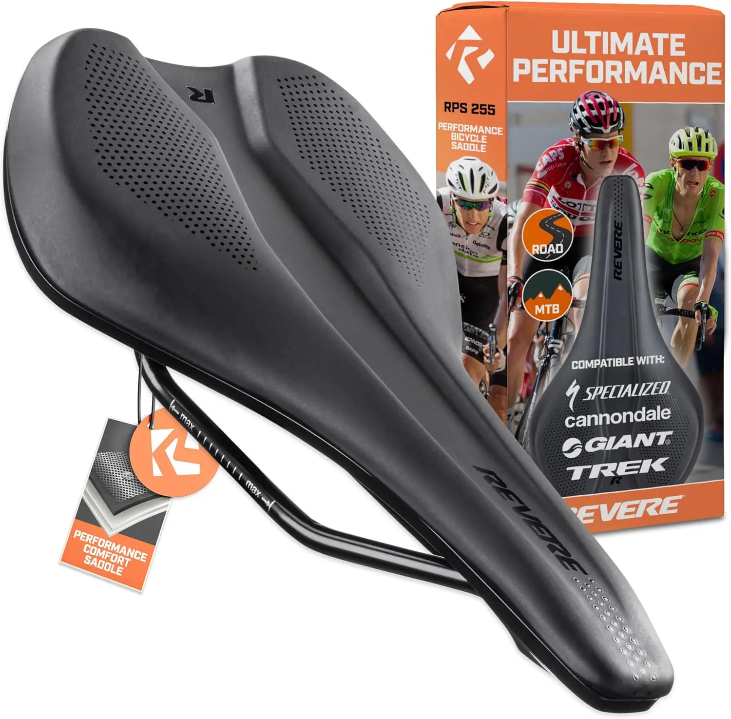 

Revere High-Performance Bicycle Saddle – Ergonomic Center Channel, Aerodynamic Design – Comfortable Seat for Road, Gravel, Mount