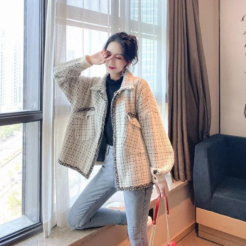 2024 Autumn/Winter New Non Shedding Fleece Lmitation Mink Fleece Cardigan Small Fragrance Style Thickened Korean Checkered Coat