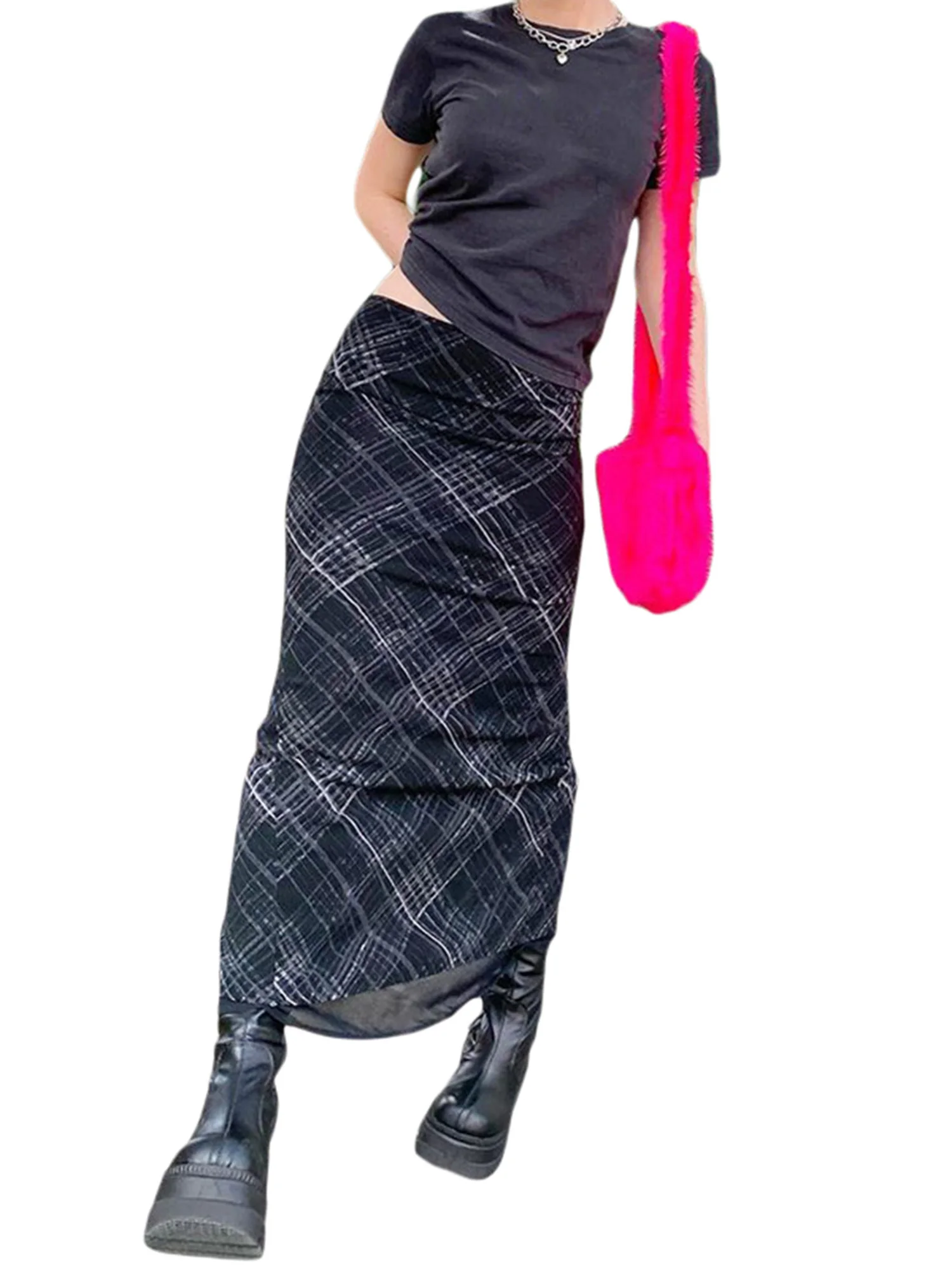 Women s Stylish Maxi Skirt with Elegant Black and White Plaid Design Flattering High Waist Fit Available in Sizes S M L