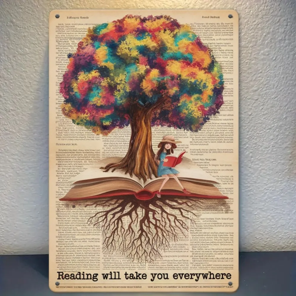 Vintage-Metallblechschild „Reading Will Take You Everywhere“, 30,5 x 20,3 cm große Eisen-Wandkunst für Bibliothek, Heimdekoration, Buchhandlung, Geschenk