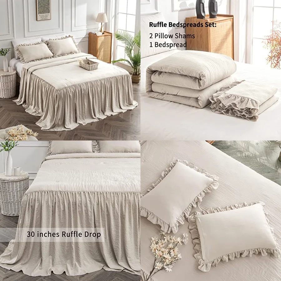 

Home Bedding Bedspread Set Quilt - Farmhouse Bedspread Summer Coverlet Bed Spreads, Lightweight Quilt Chic Vintage Bedding Ruff