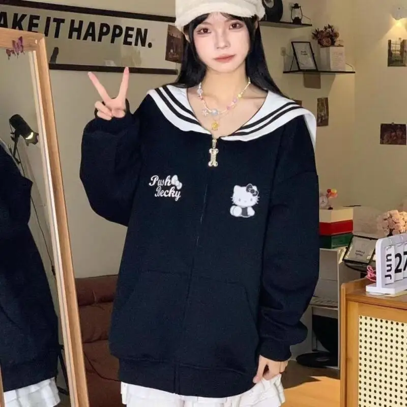 Anime Kawaii Kitty Cat Girls Zipper Sweatshirt Spring Autumn Cotton Cute Navy Collar Cardigan Coat Student Loose Tops Gift