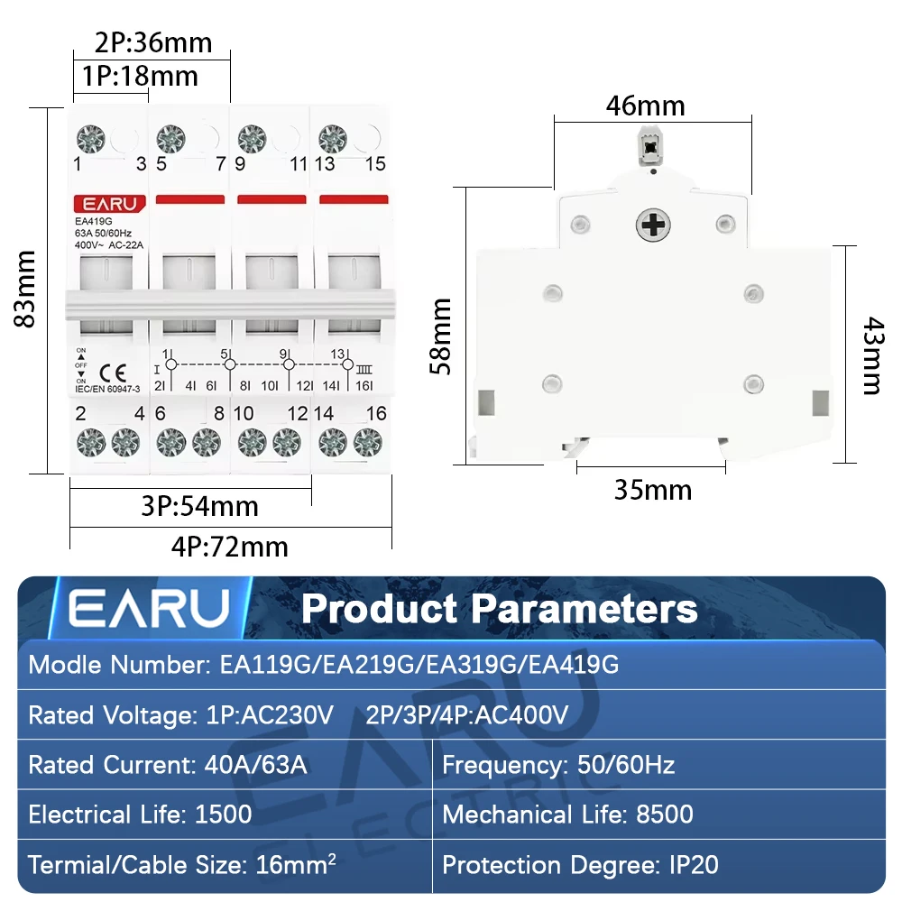 EARU 1P 2P 3P 4P 40A 63A AC 230V 400V Modular MTS Dual Power Manual Transfer Isolating Switch Interlock Circuit Breaker Din Rail