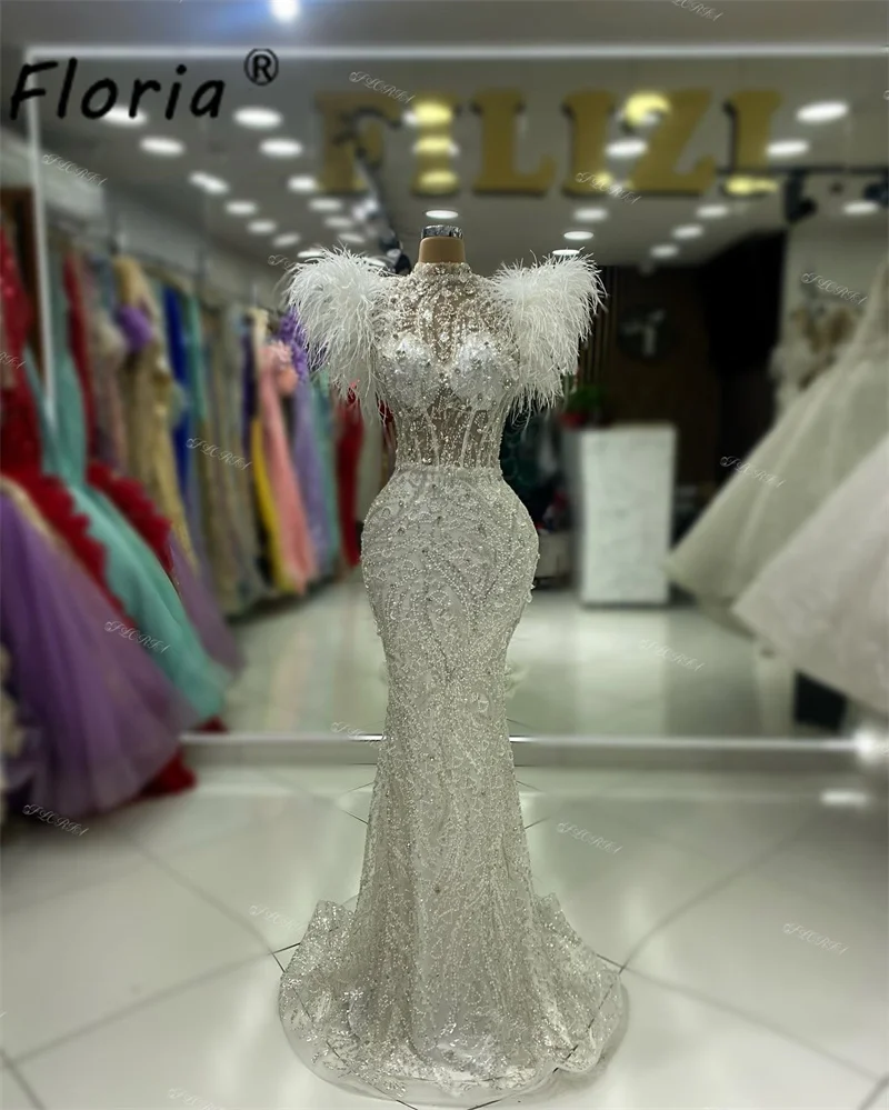 Luxury High Neck White Mermaid Wedding Dress Feather Crystal Mermaid Bridal Dresses Beaded Lace Sleeveless Formal Occasion Gown