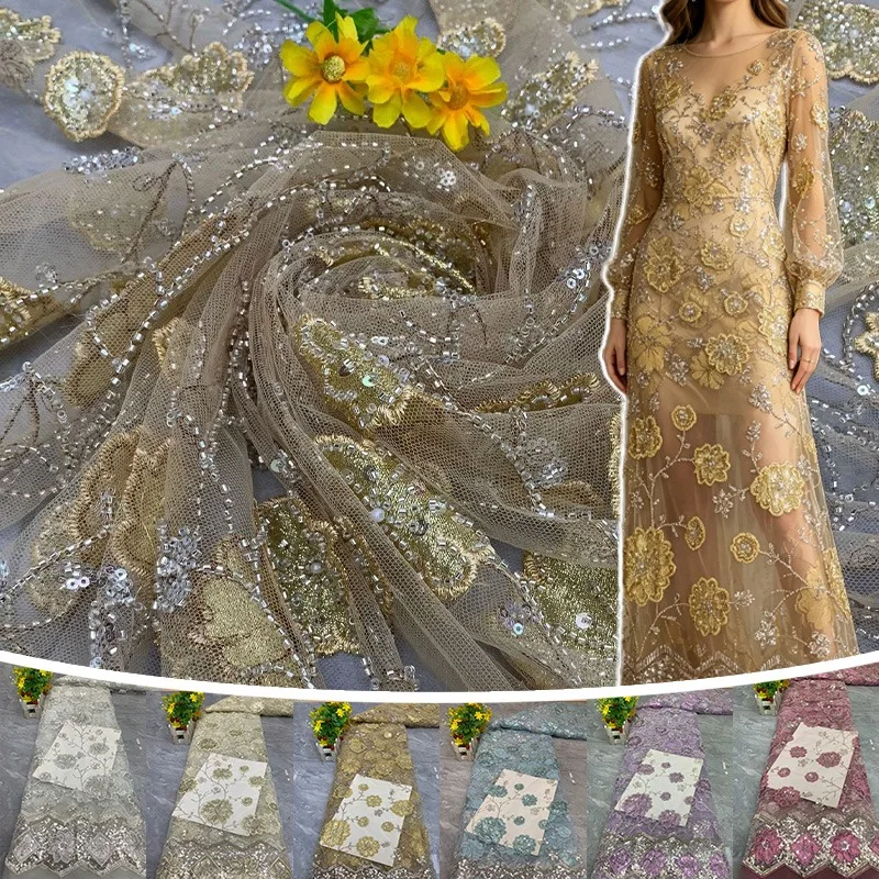 スパンコール刺繍レースメッシュ生地高級3d花柄刺繍チュール生地、ウェディングドレス、チャイナドレス、イブニングドレス素材