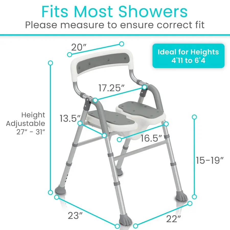 Shower Chair for Elderly amp Disabled Handicap Bath Chair with Arms amp UShape Foldable, Adjustable Height Padded Soaking w Bac