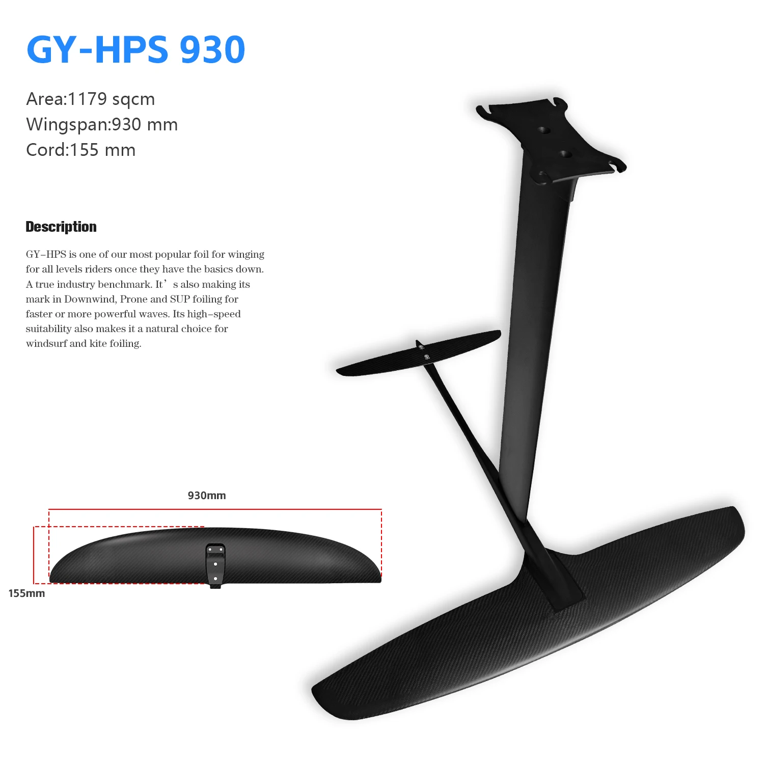 Hot selling GY-HPS930 1179 sq cm customizable carbon fiber front wing for SUP hydrofoil kite surfing