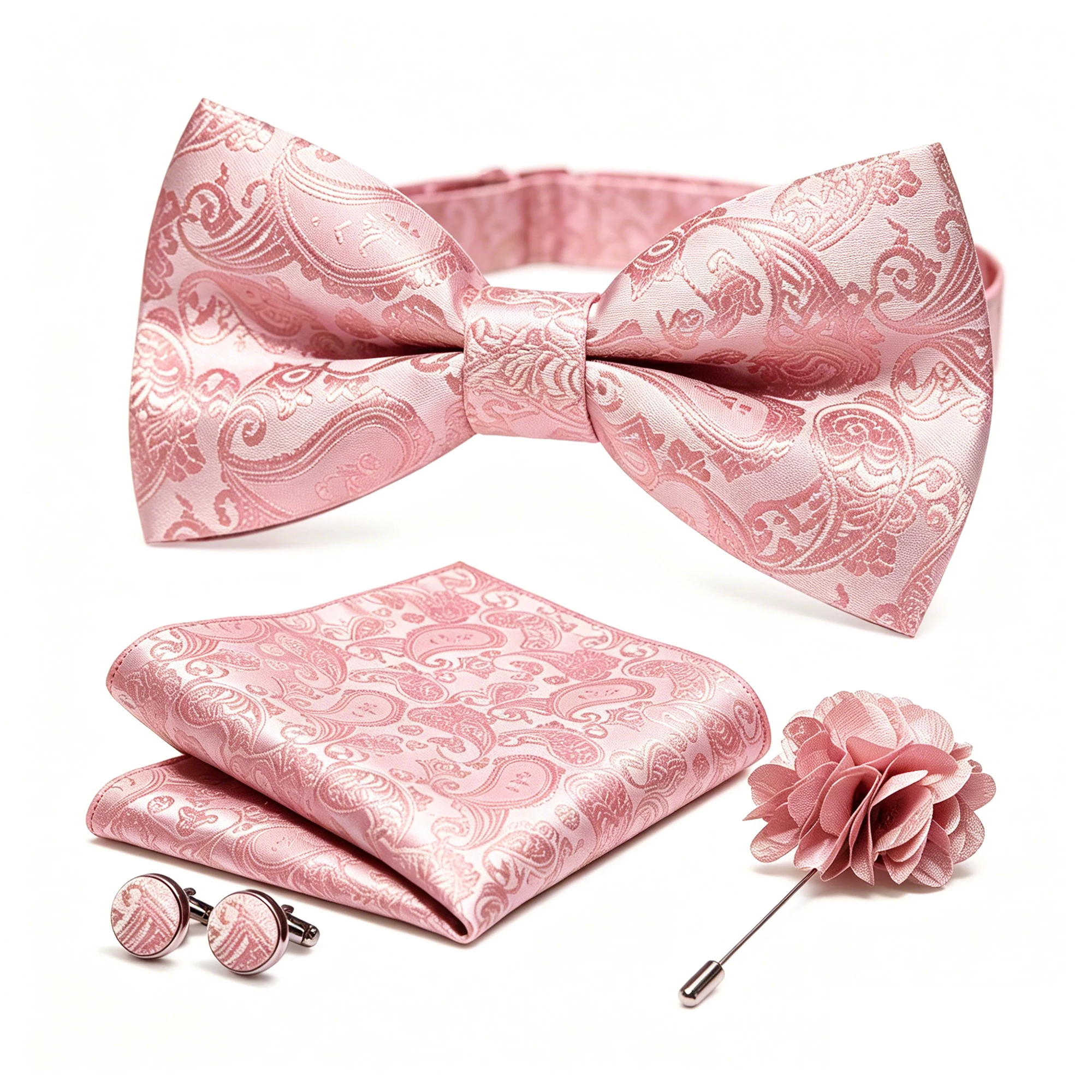 36-teiliges Set: Schwarze Seiden-Jacquard-Paisley Herrenfliege, Brosche, Einstecktuch und Manschettenknöpfe – Vorgebundene Schmetterlingsfliege für Herren, Hochzeit und Business – Detail 14