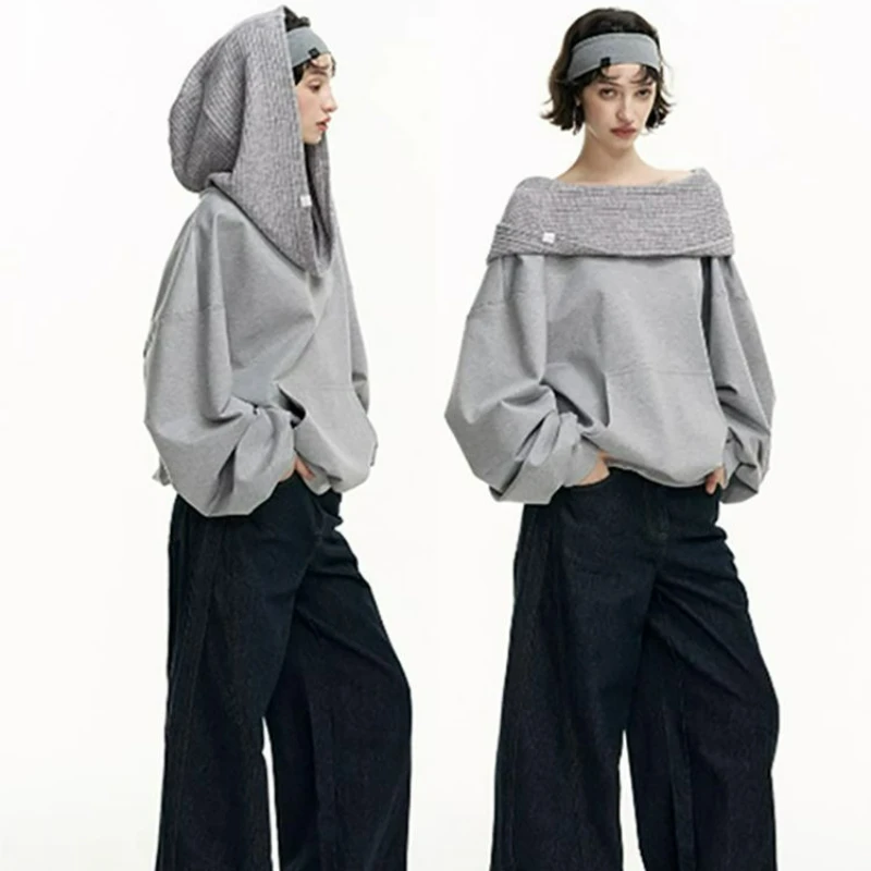 

The 2026 Autumn/winter Season Features Casual Loose Slimming Pullover New Patchwork Knitted Hooded Two-wear Hoodie for Women