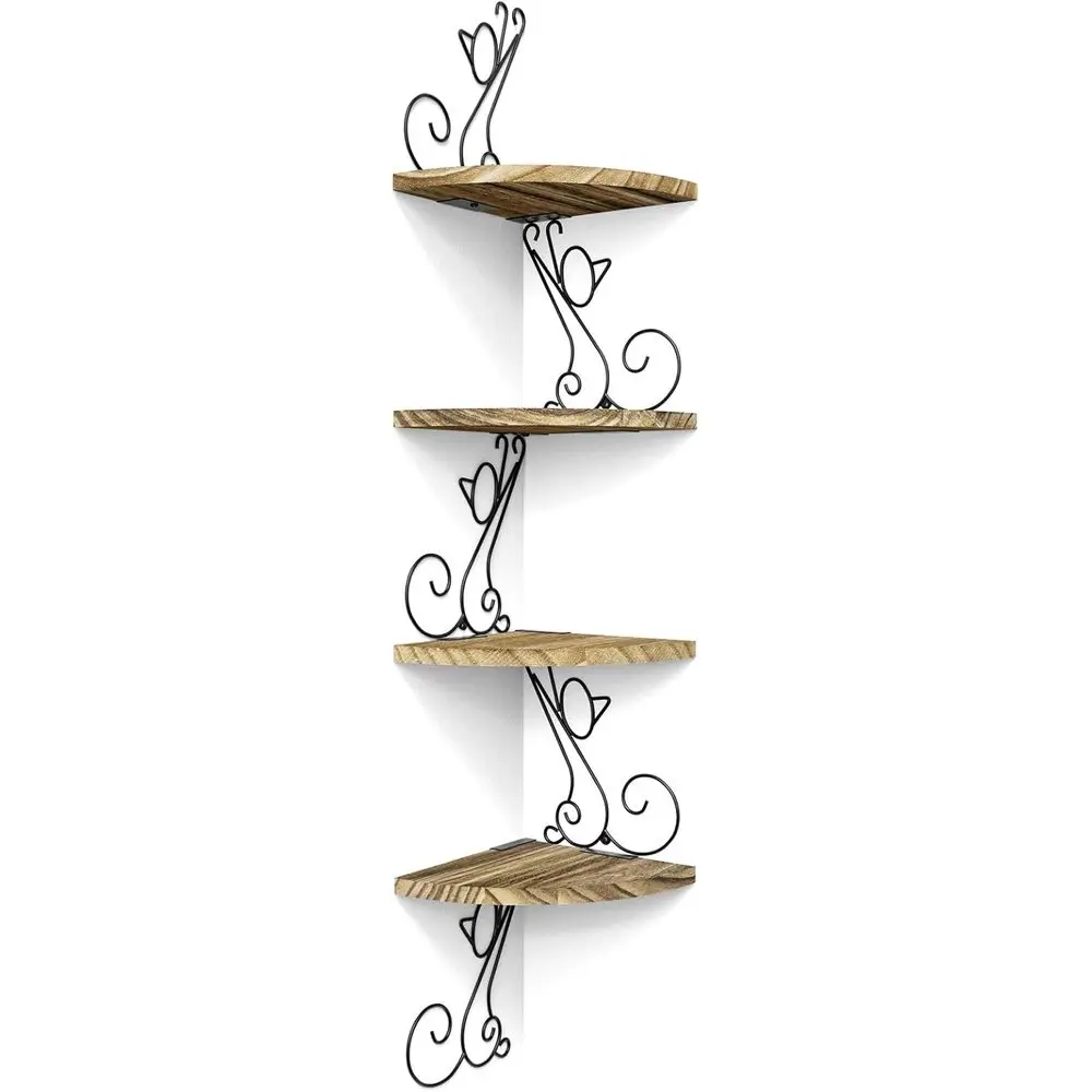 

Wall Mount Shelves 4 Tier Floating Storage Wood Shelves Decorative Rustic Radial Shape Carbonized Black