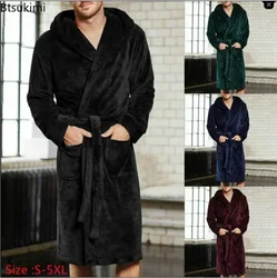 2024 Men's Warm Flannel Bathrobe Winter Casual Robes Sleepwear Long Sleeve Plush Shawl Male Bath Robe Lounge Nightgown Homewear