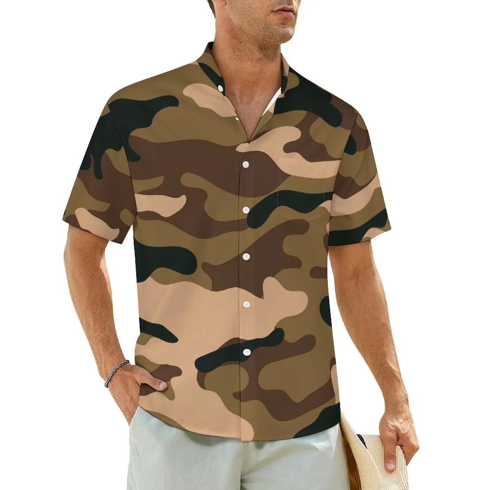 

Camouflage Casual Shirt Green Brown Camo Vintage Hawaiian Shirts Male Short-Sleeved Vacation Fashion Graphic Oversized Blouses