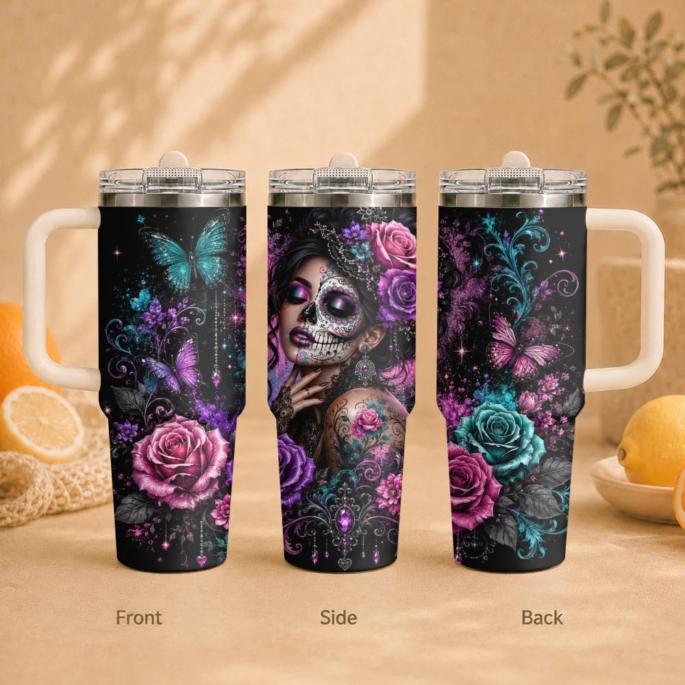 The Mexican Skull Lady Vacuum Flasks 40oz Vacuum Insulated Travel Mug - Stainless Steel Straw Cup Lid