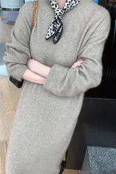 Women's Thick Pure Cashmere Knee-Length Dress Long Pullover Loose Fit round Neck Wool Knitted for Autumn And Winter